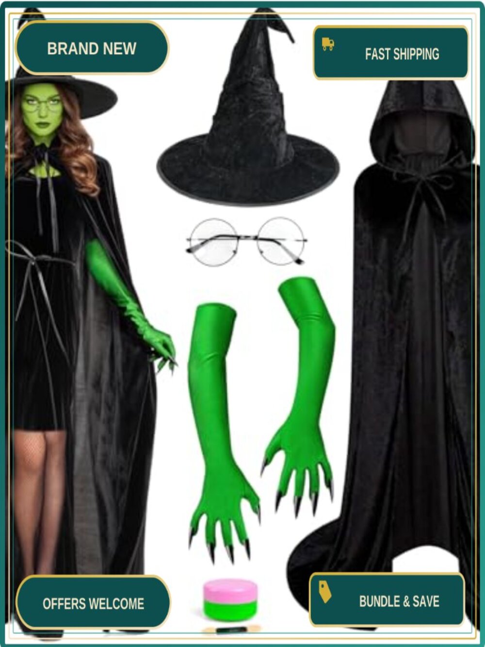 5-Piece Witch Costume Set Hooded Cloak Hat Gloves Glasses Face Paint Cosplay
